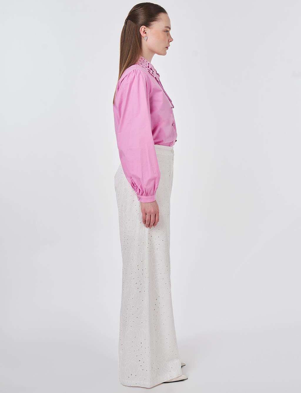 Elastic Waist Broderie Trousers Ecru