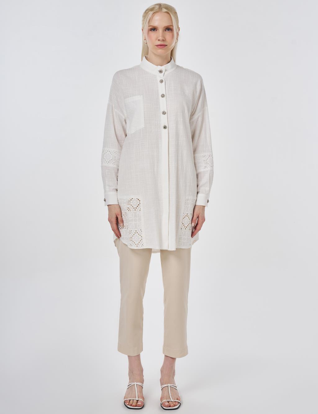 Shiny Buttoned Gofre Tunic Off-White