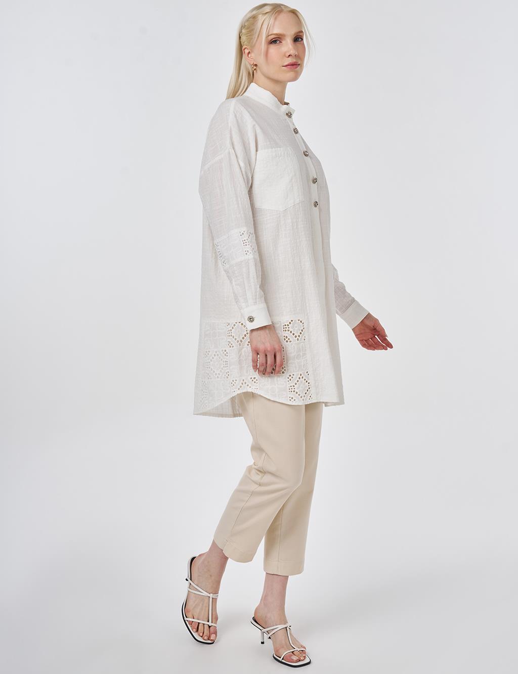 Shiny Buttoned Gofre Tunic Off-White