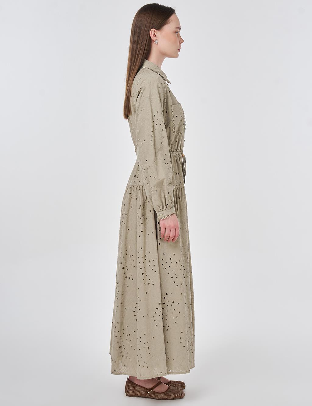 Shirt Collar Broderie Dress Moss Green