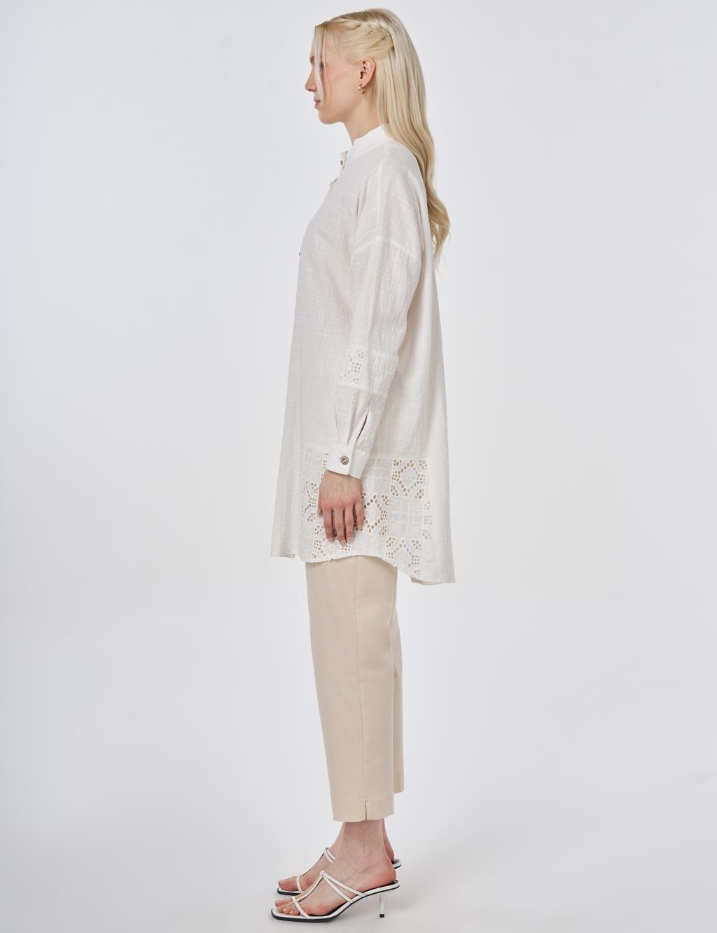 Shiny Buttoned Gofre Tunic Off-White