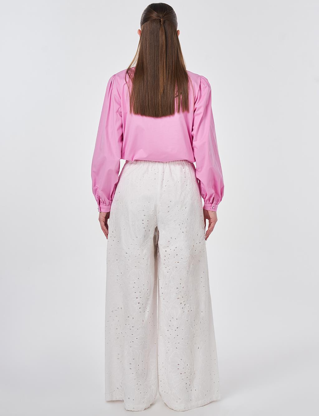 Elastic Waist Broderie Trousers Ecru