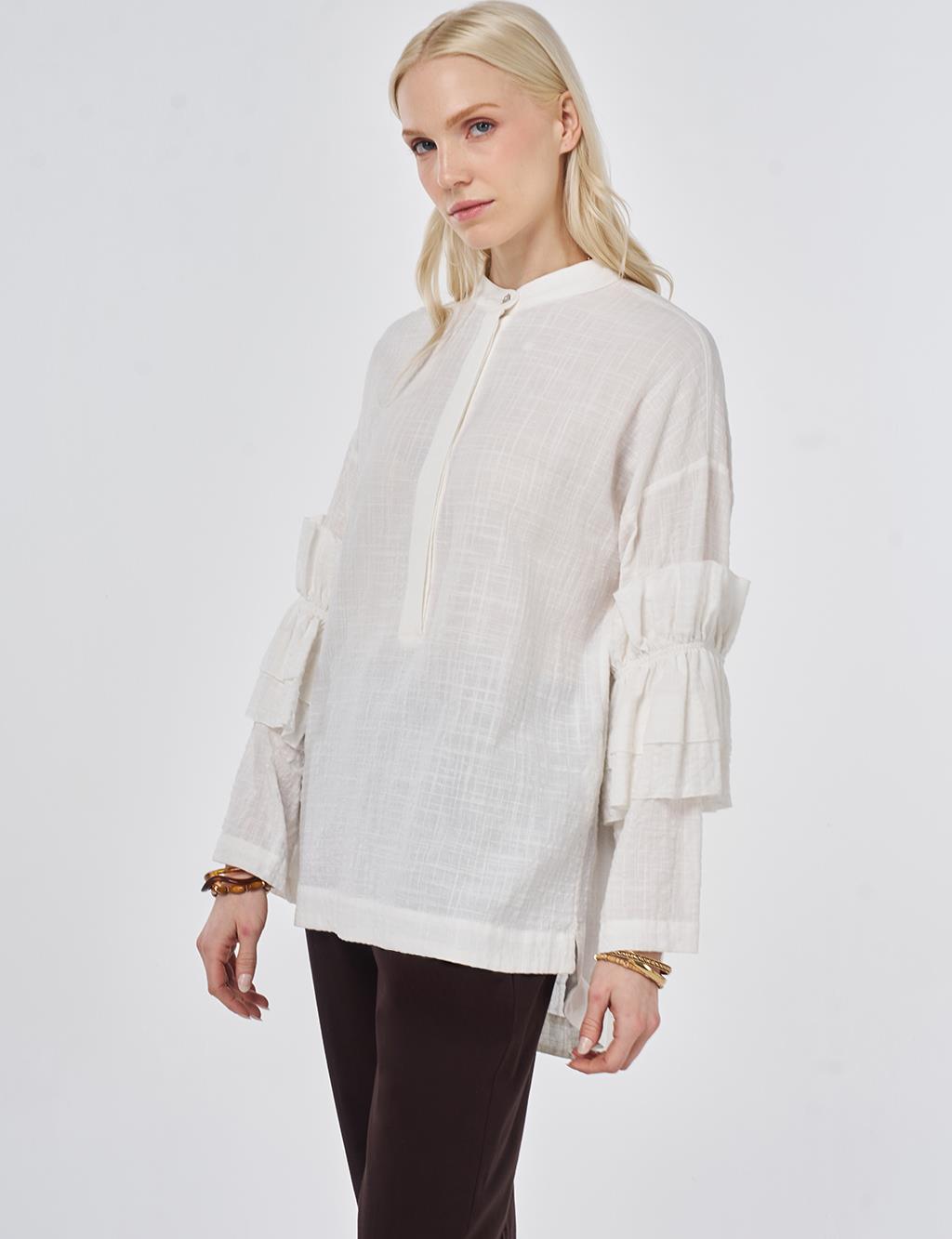 Fırfırlı Gofreli Tunik Kırık Beyaz