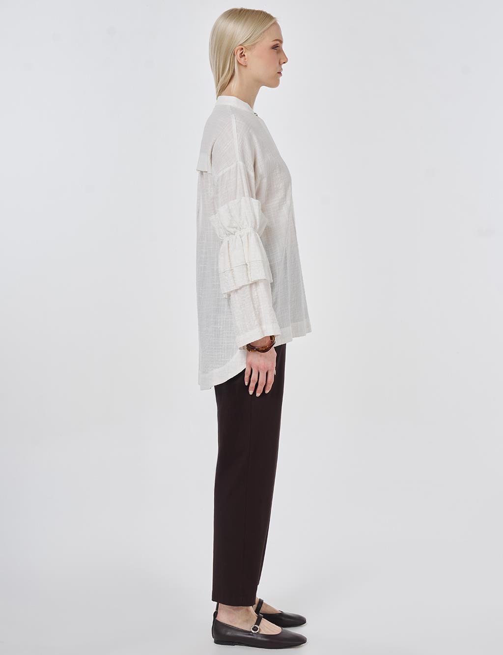 Fırfırlı Gofreli Tunik Kırık Beyaz