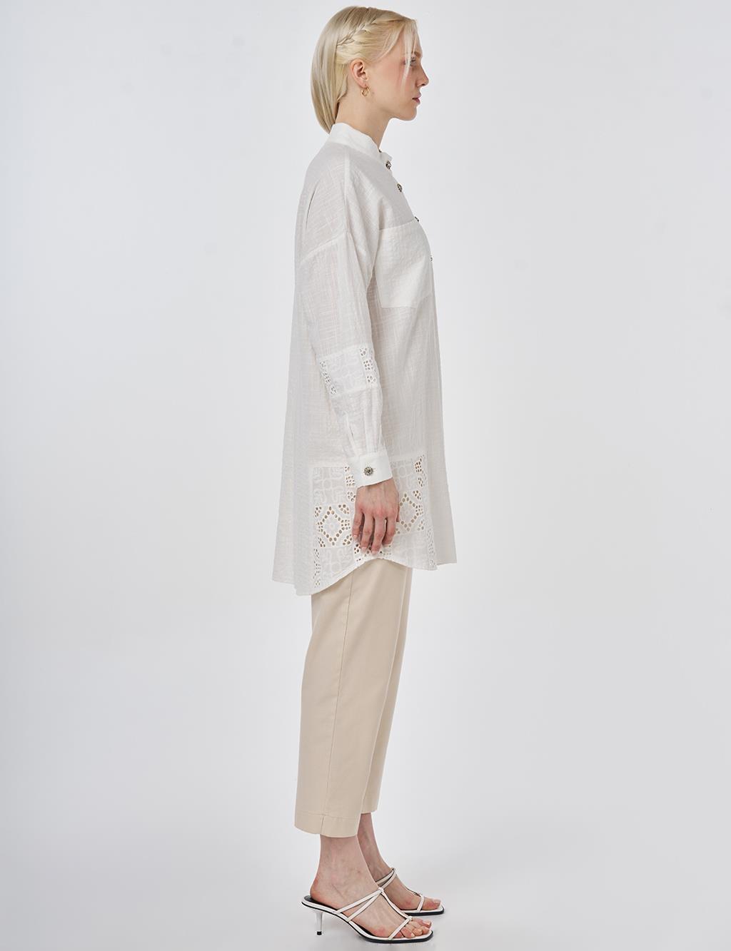 Shiny Buttoned Gofre Tunic Off-White