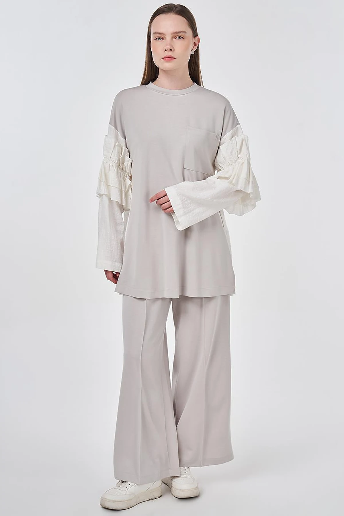 Ruffle Detail Modal Two-Piece Set Light Gray
