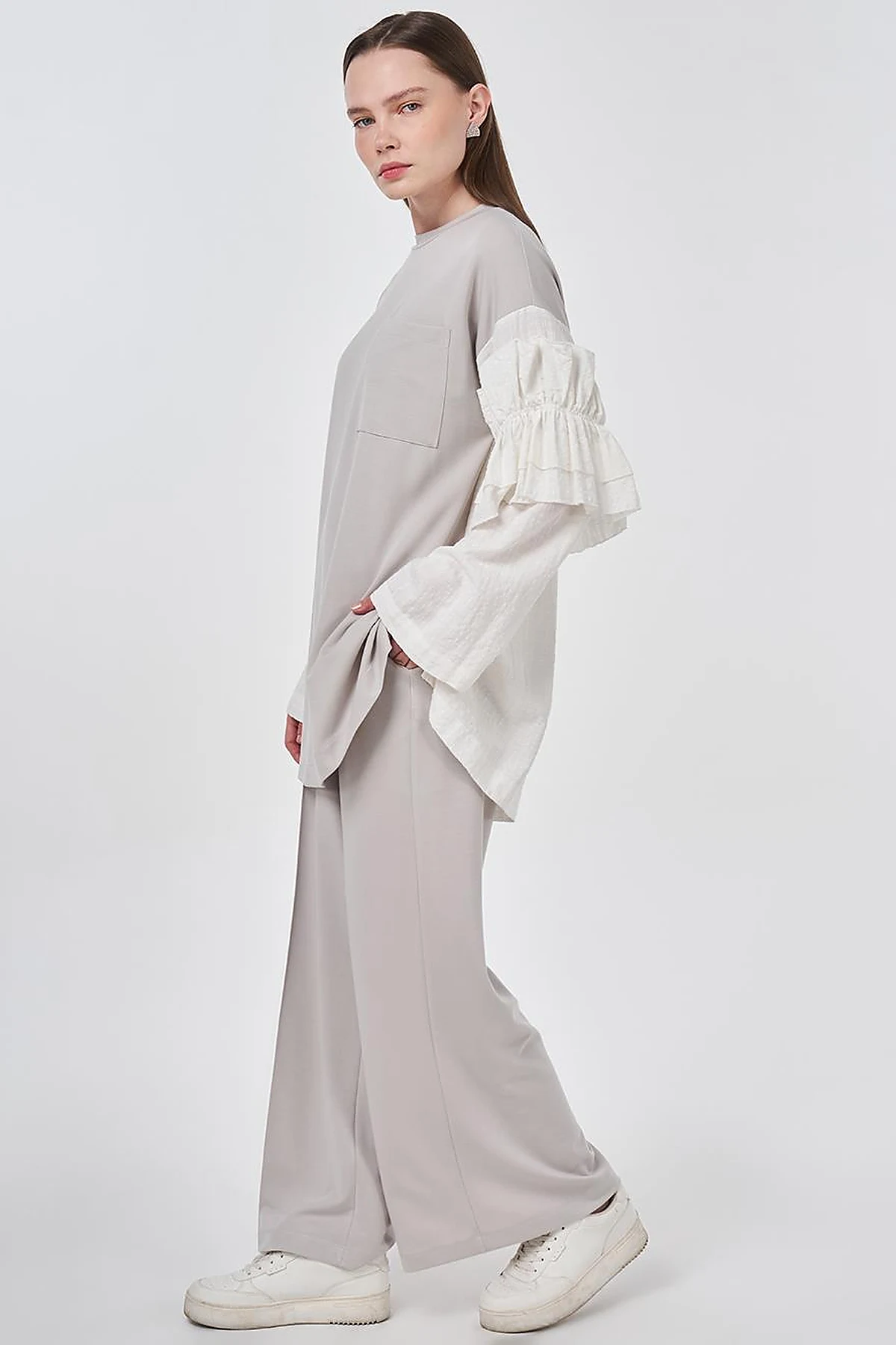 Ruffle Detail Modal Two-Piece Set Light Gray