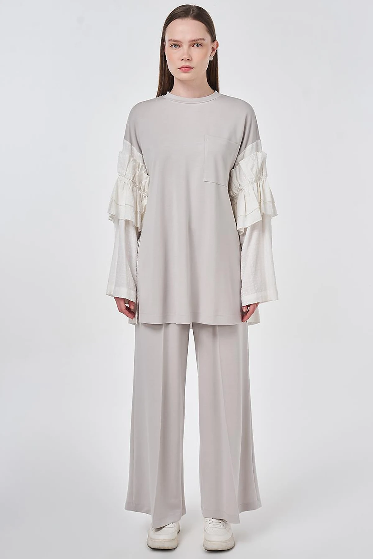 Ruffle Detail Modal Two-Piece Set Light Gray