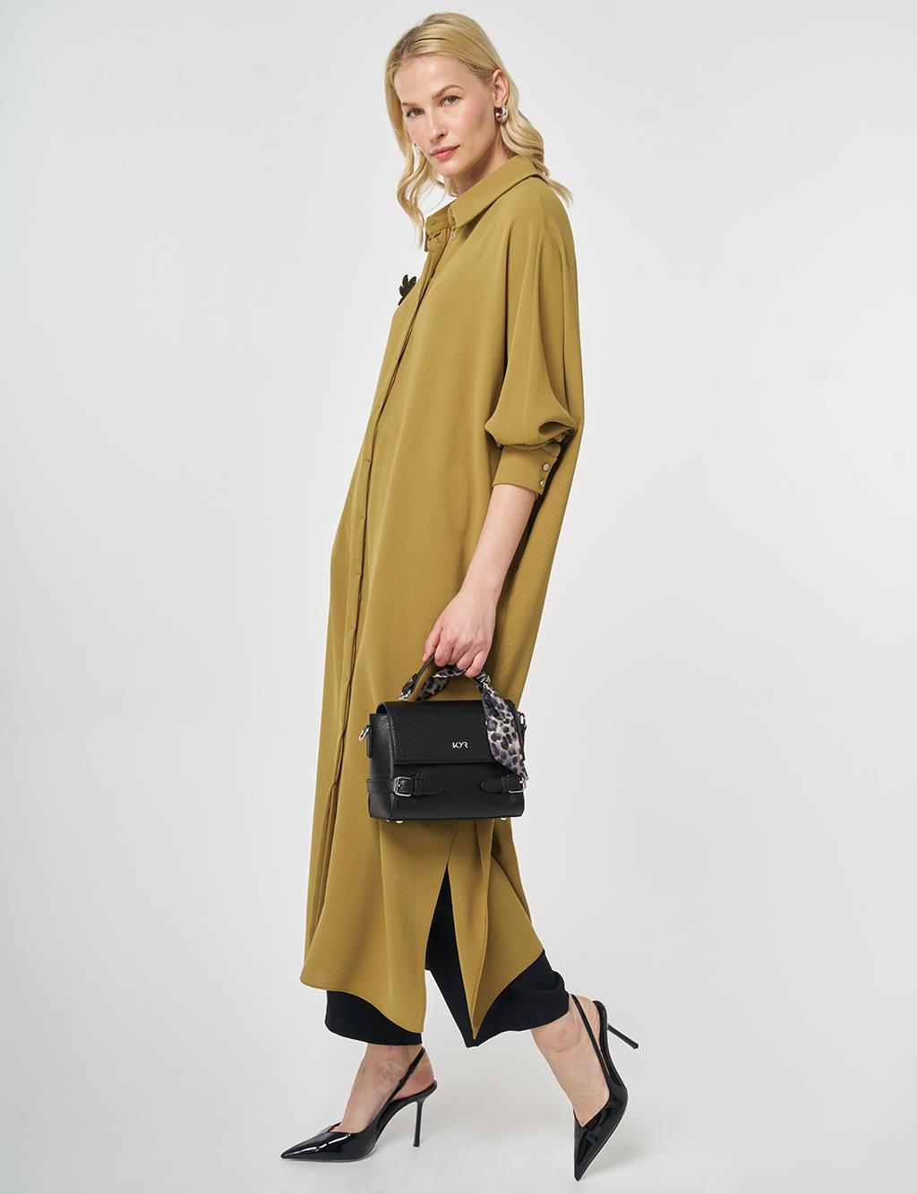 İşlemeli Krep Uzun Tunik Haki