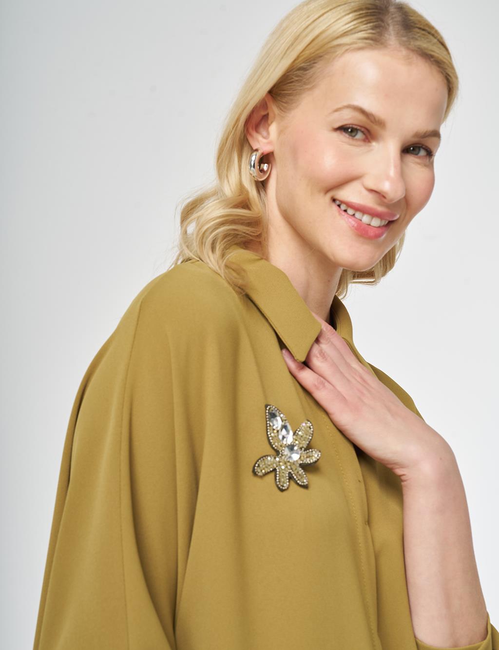 İşlemeli Krep Uzun Tunik Haki