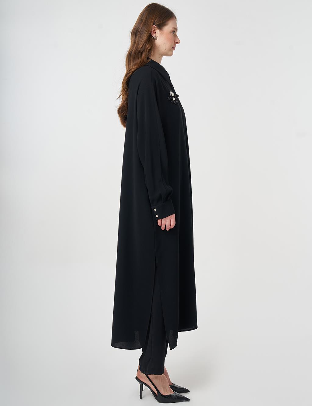 İşlemeli Krep Uzun Tunik Siyah