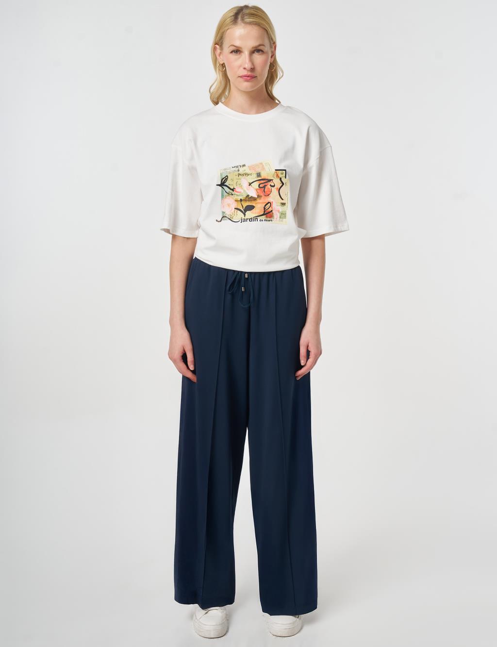Elastic Waist Relaxed Fit Trousers Dark Navy