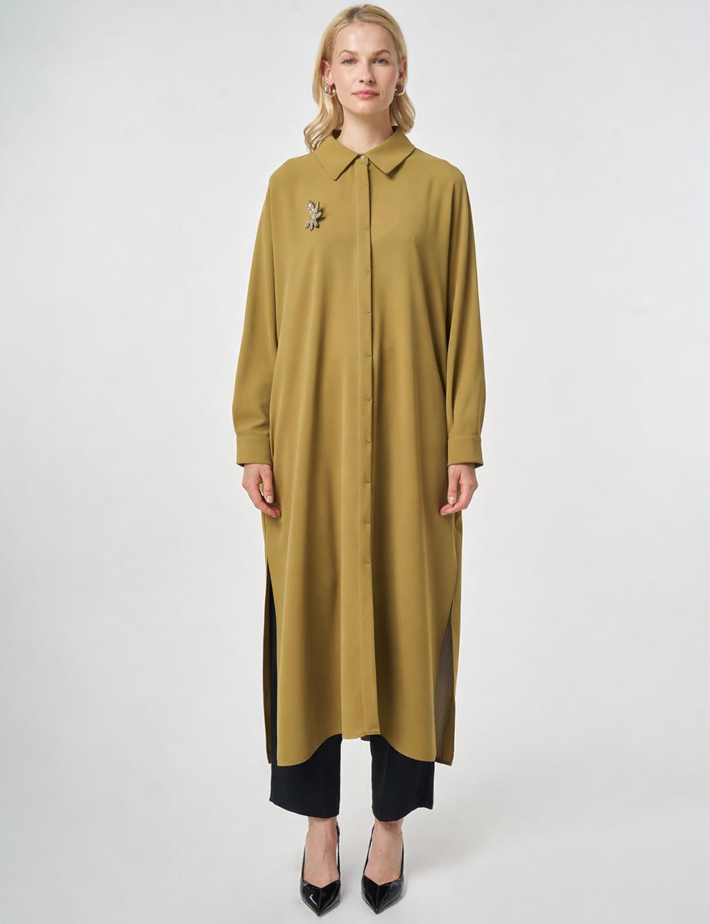 İşlemeli Krep Uzun Tunik Haki