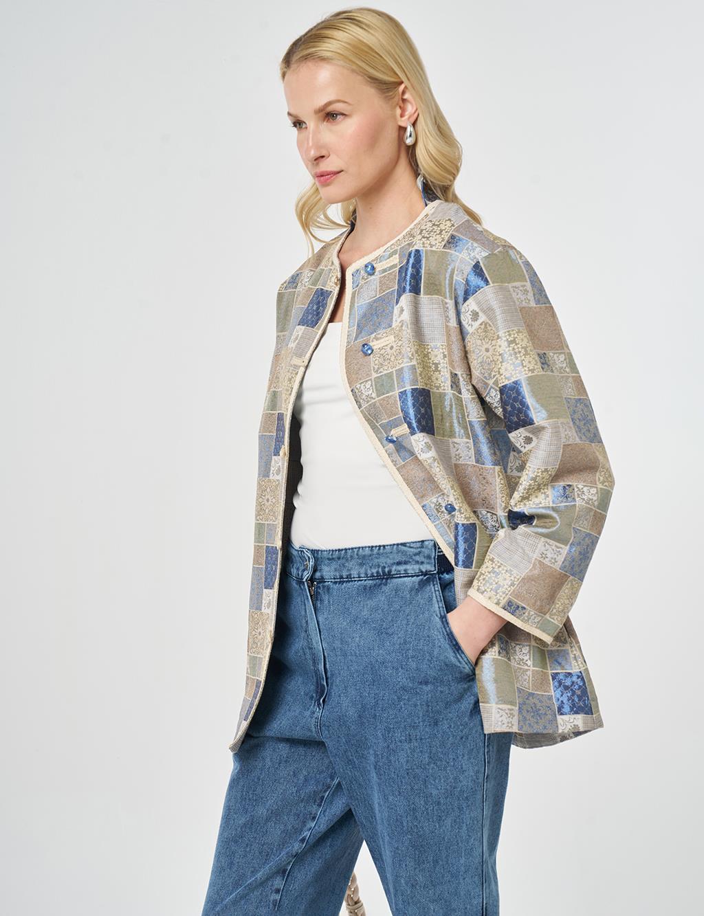 Square Pattern Jacquard Jacket Indigo