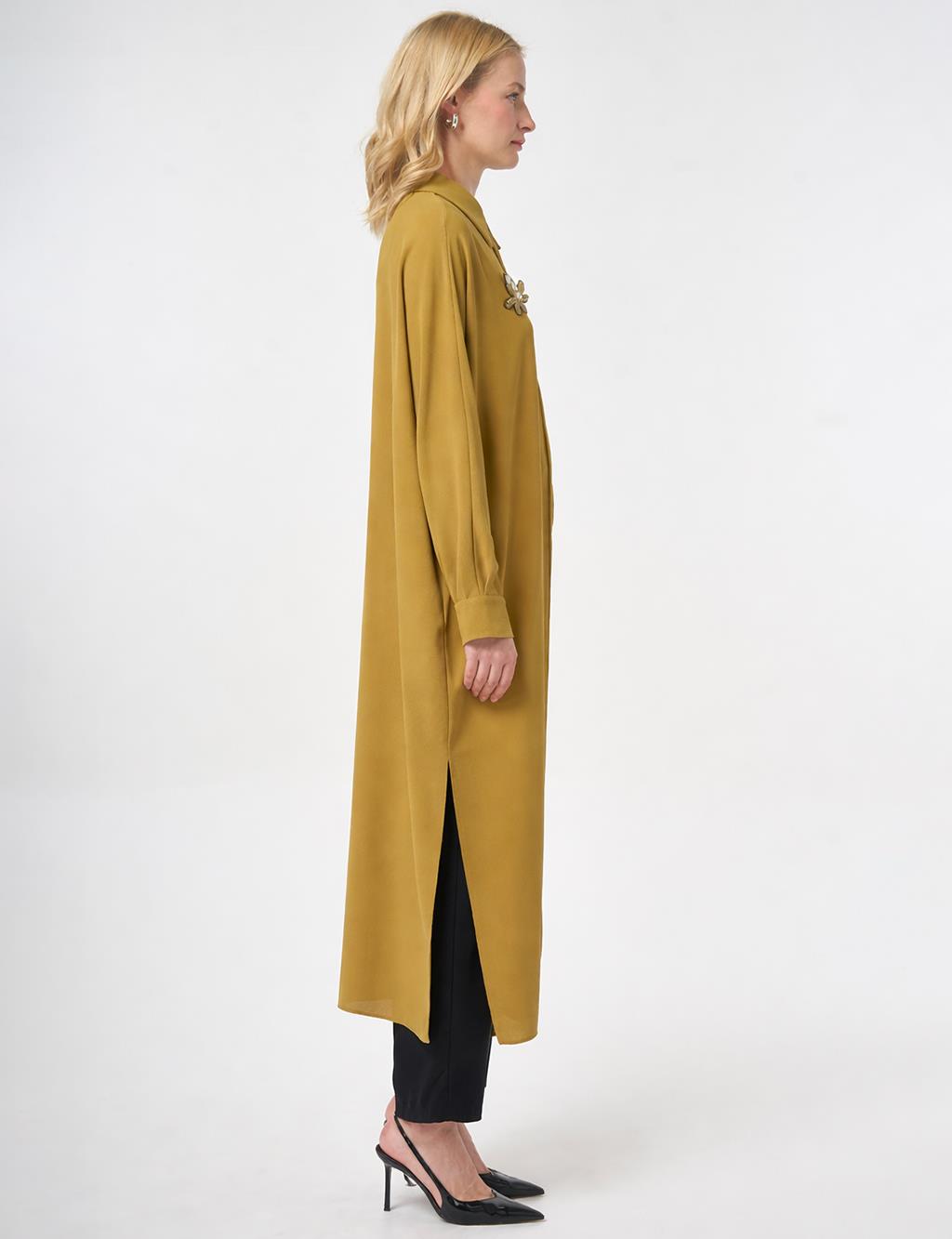 İşlemeli Krep Uzun Tunik Haki