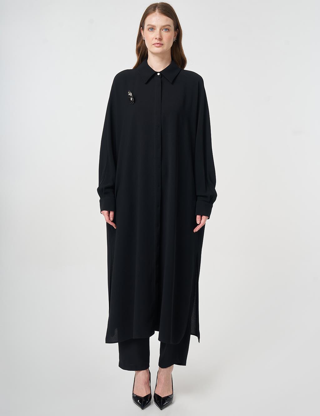 İşlemeli Krep Uzun Tunik Siyah