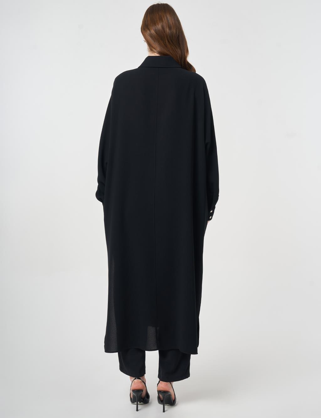 İşlemeli Krep Uzun Tunik Siyah