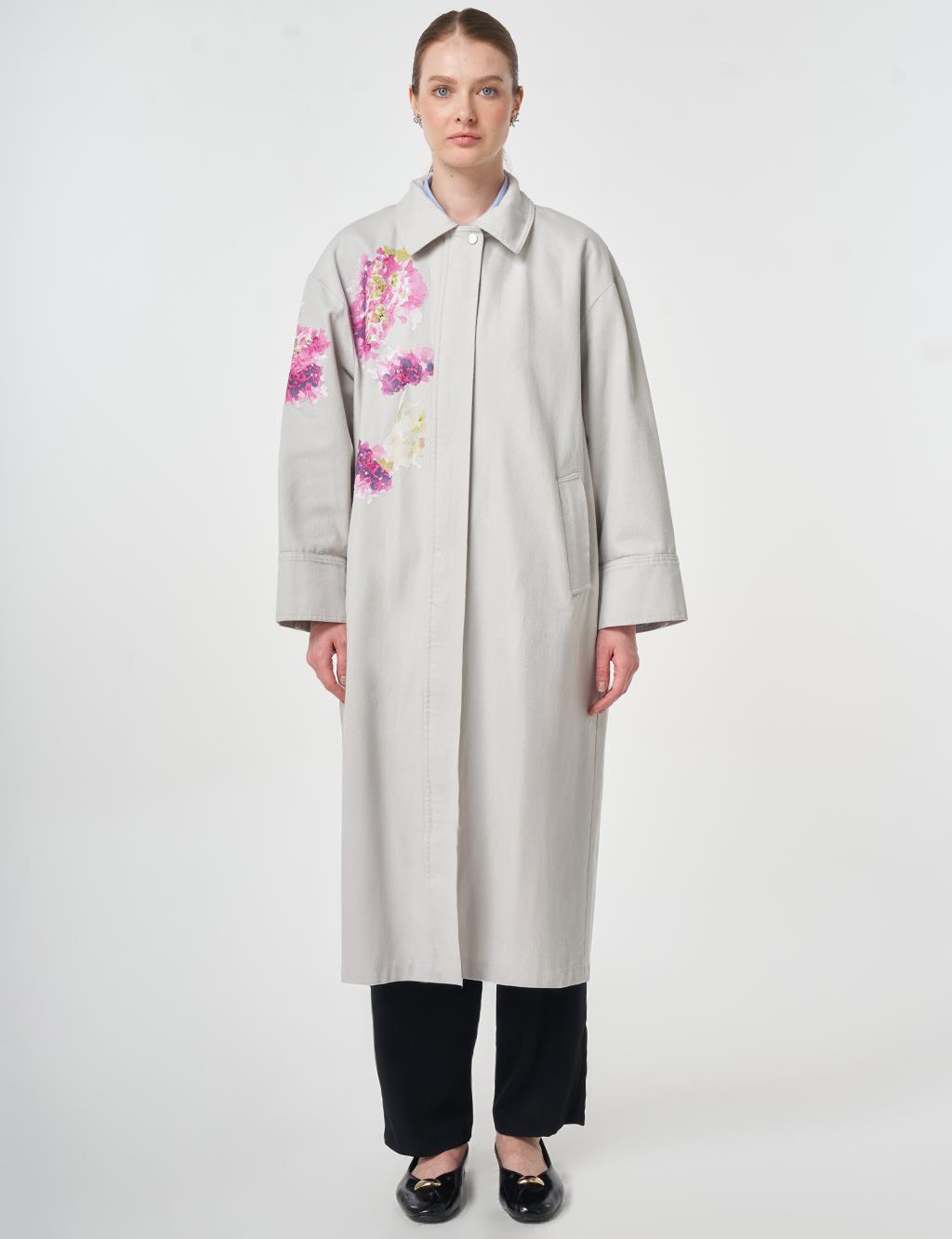 Floral Baskı Detaylı Kap Açık Gri 