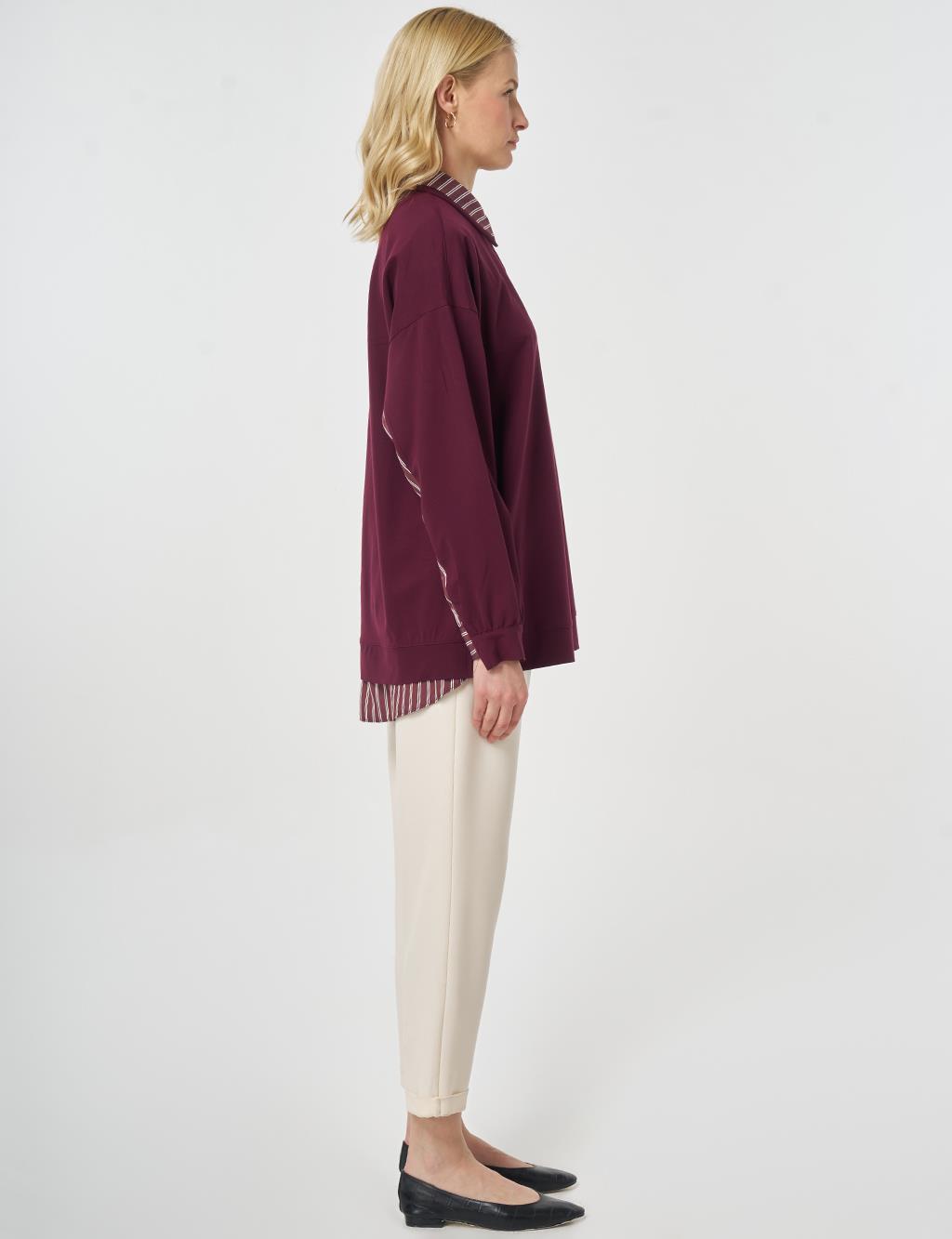 Shirt-Detail Rayon Sweatshirt Dark Burgundy