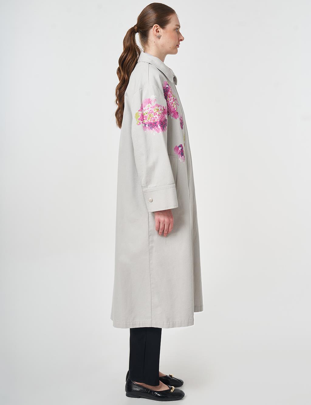 Floral Baskı Detaylı Kap Açık Gri 