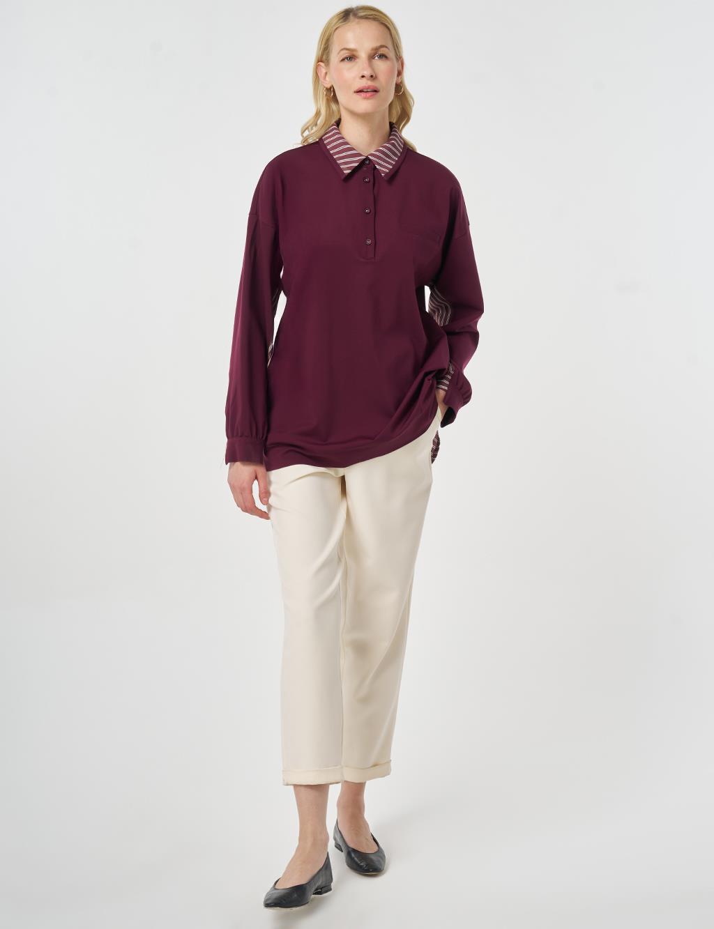 Shirt-Detail Rayon Sweatshirt Dark Burgundy