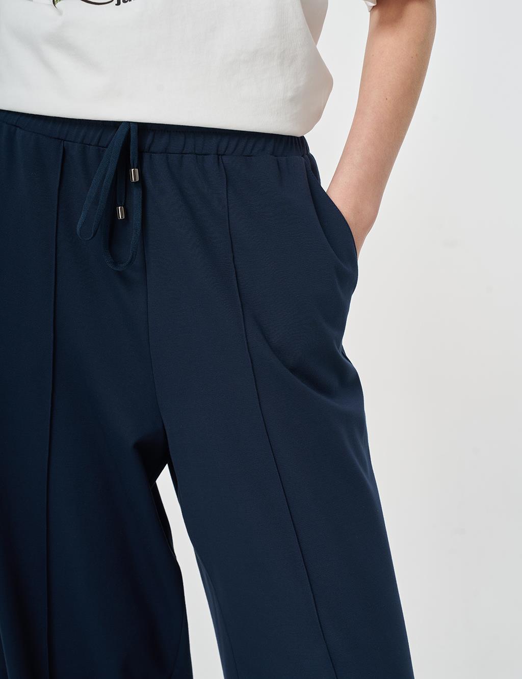 Elastic Waist Relaxed Fit Trousers Dark Navy