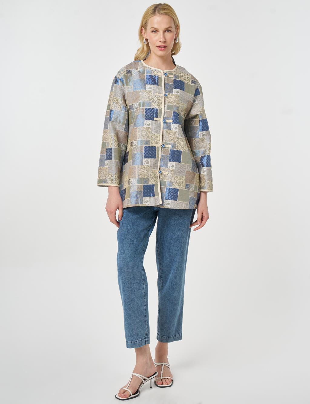 Square Pattern Jacquard Jacket Indigo