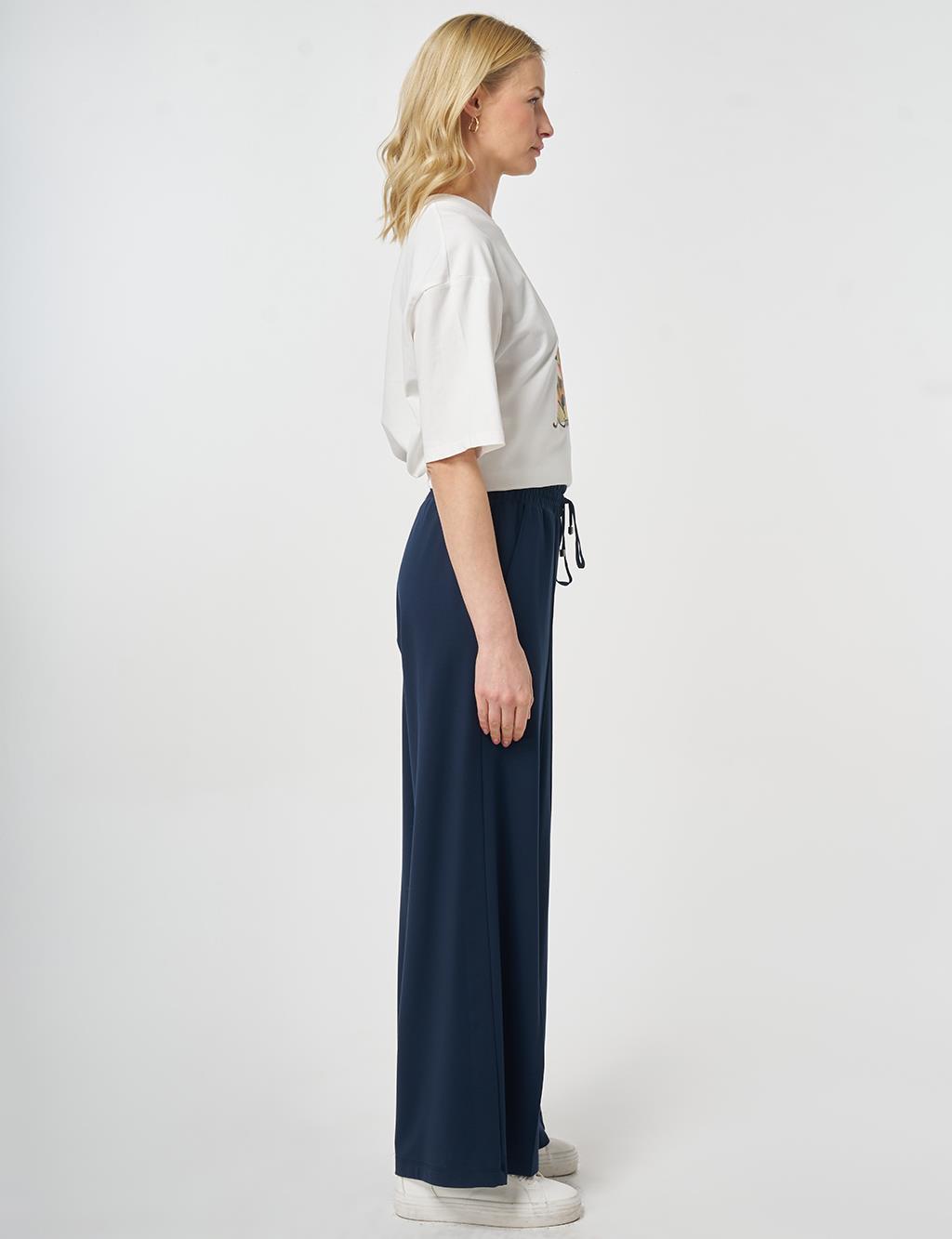 Elastic Waist Relaxed Fit Trousers Dark Navy