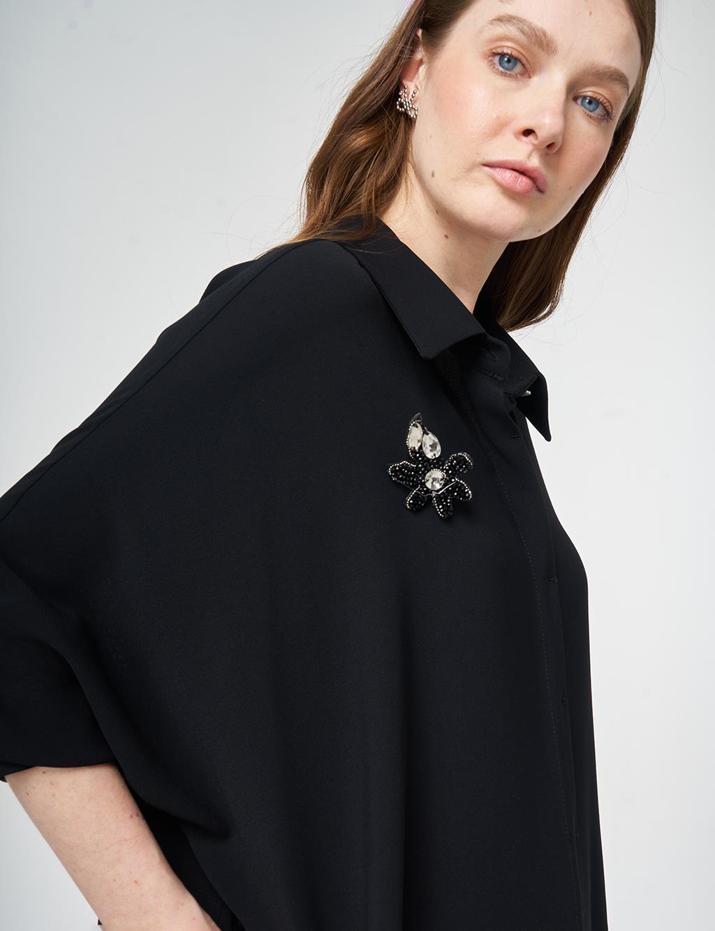 İşlemeli Krep Uzun Tunik Siyah