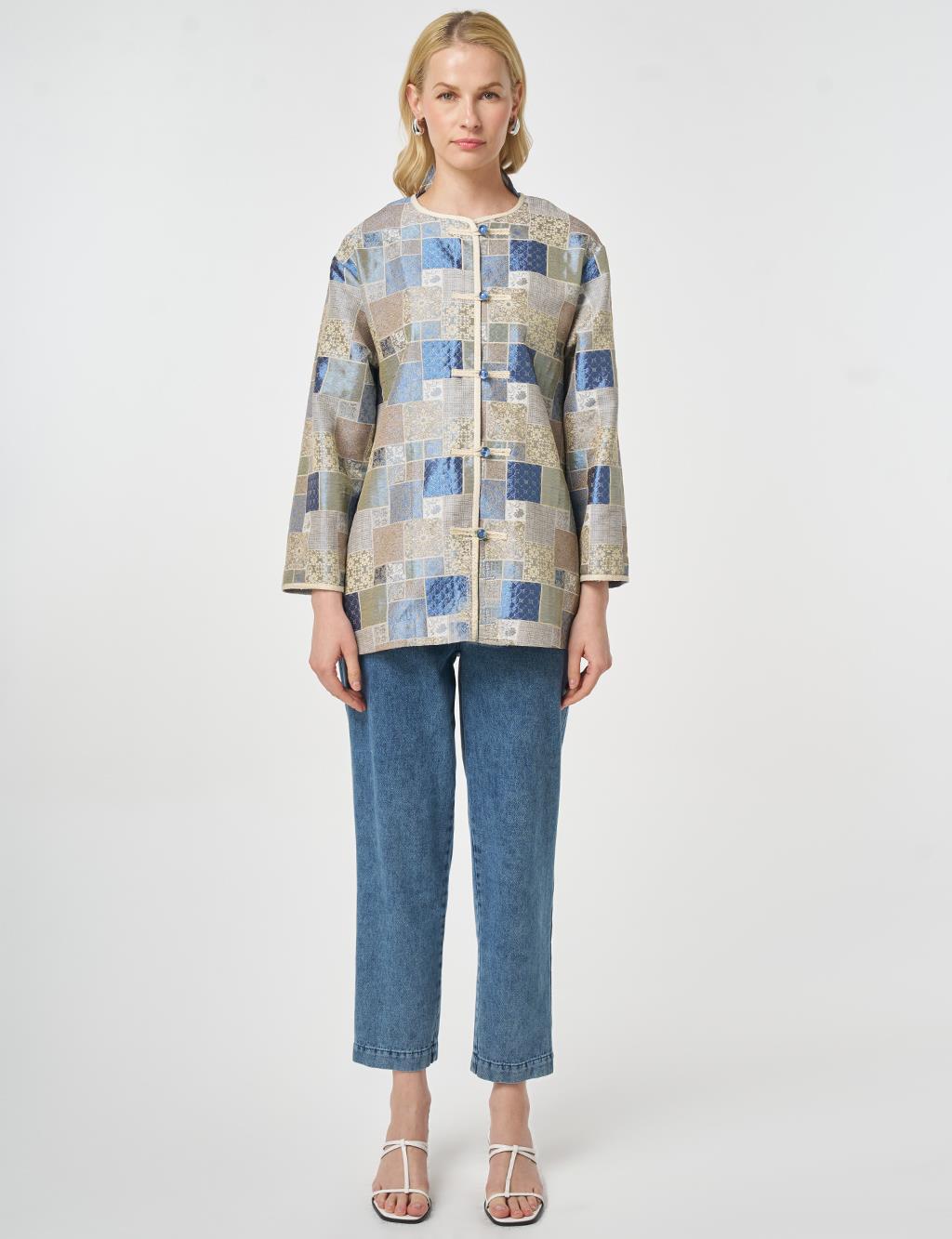 Square Pattern Jacquard Jacket Indigo