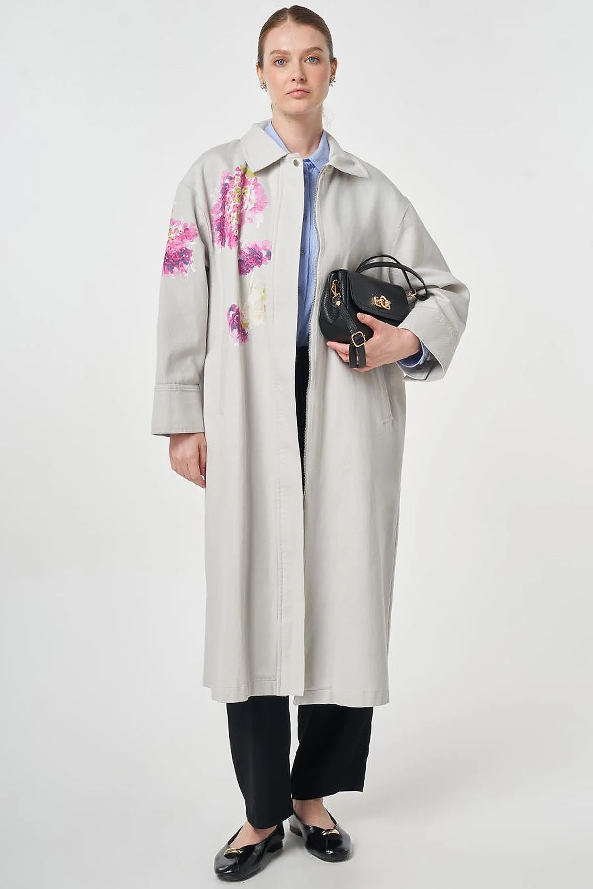 Floral Print Detail Coat Light Grey