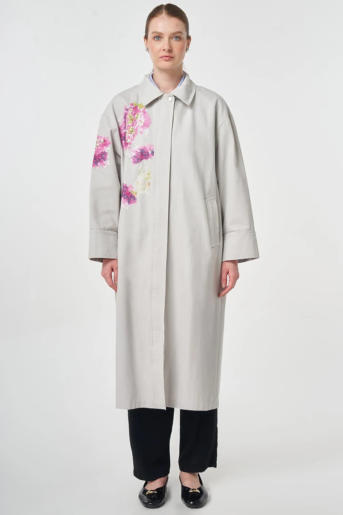 Floral Print Detail Coat Light Grey