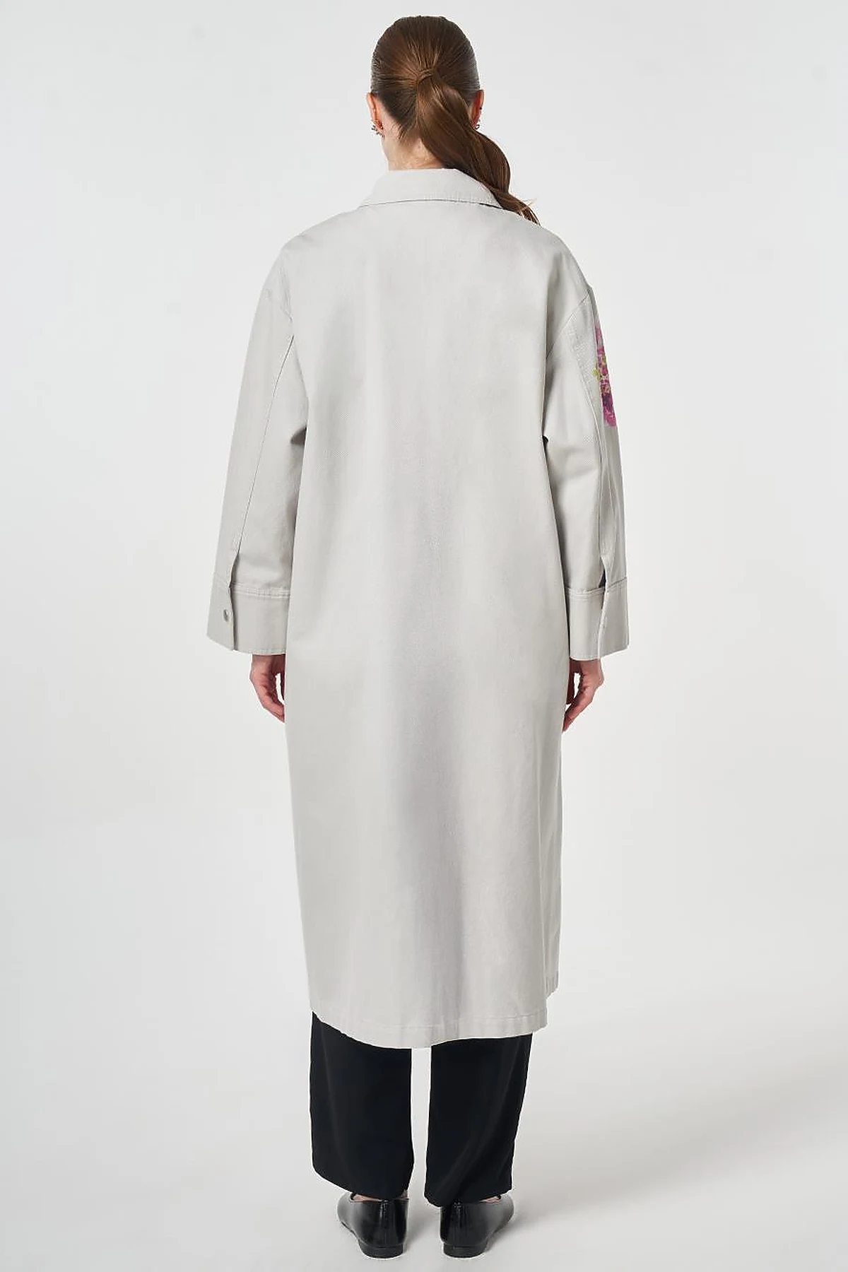 Floral Print Detail Coat Light Grey