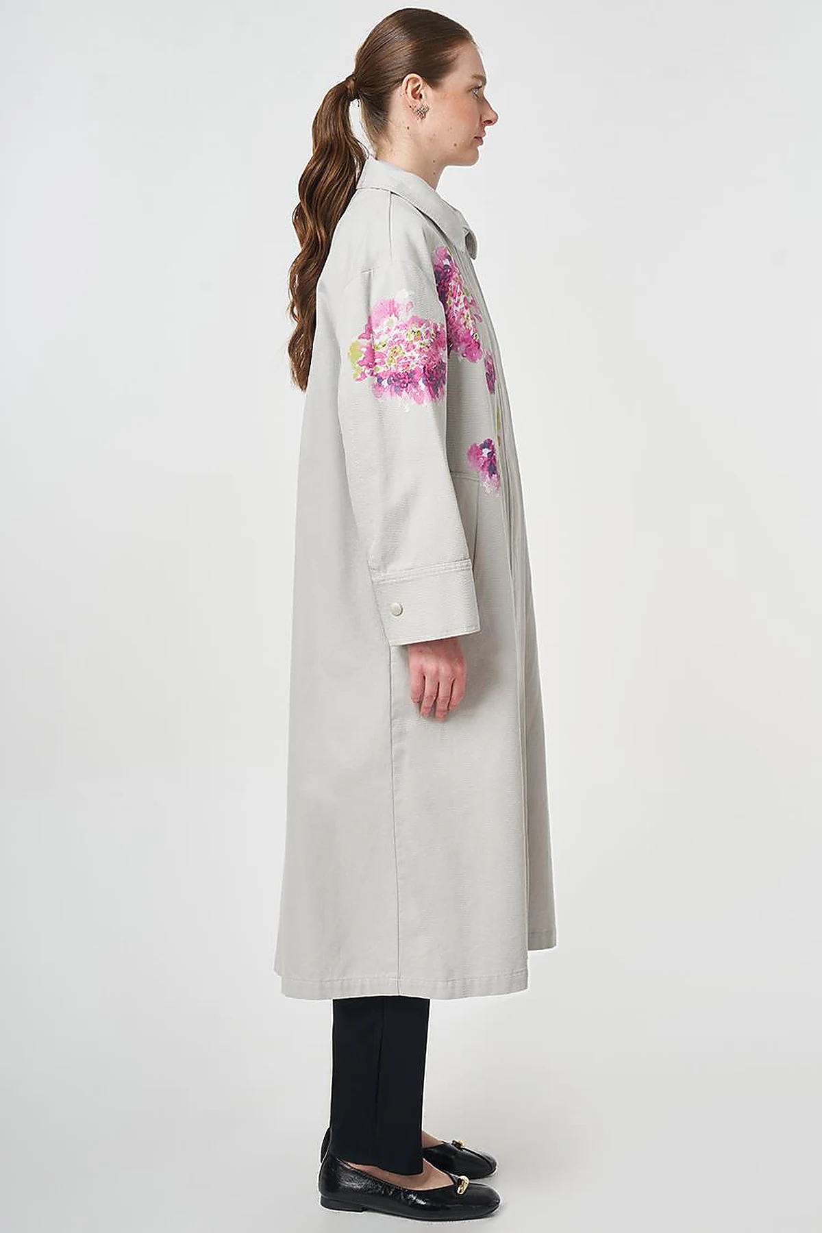 Floral Print Detail Coat Light Grey