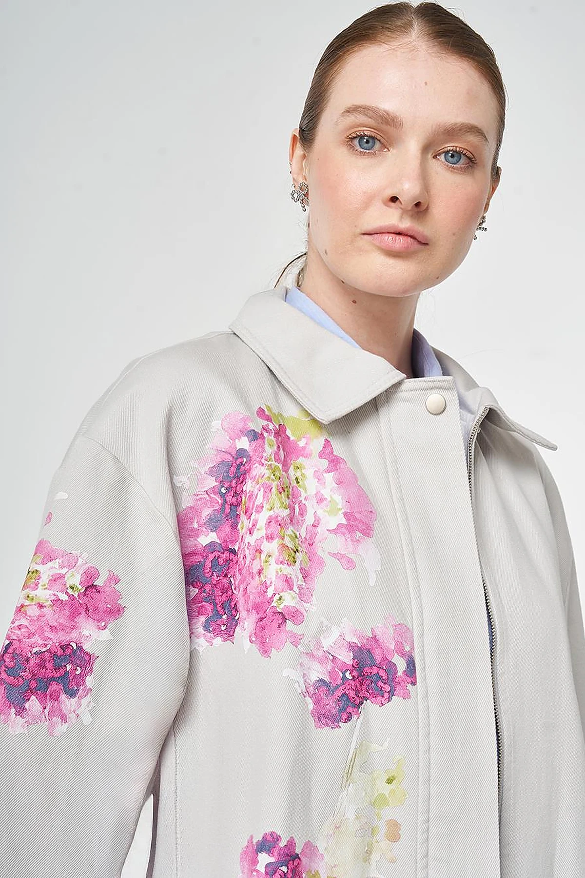Floral Print Detail Coat Light Grey