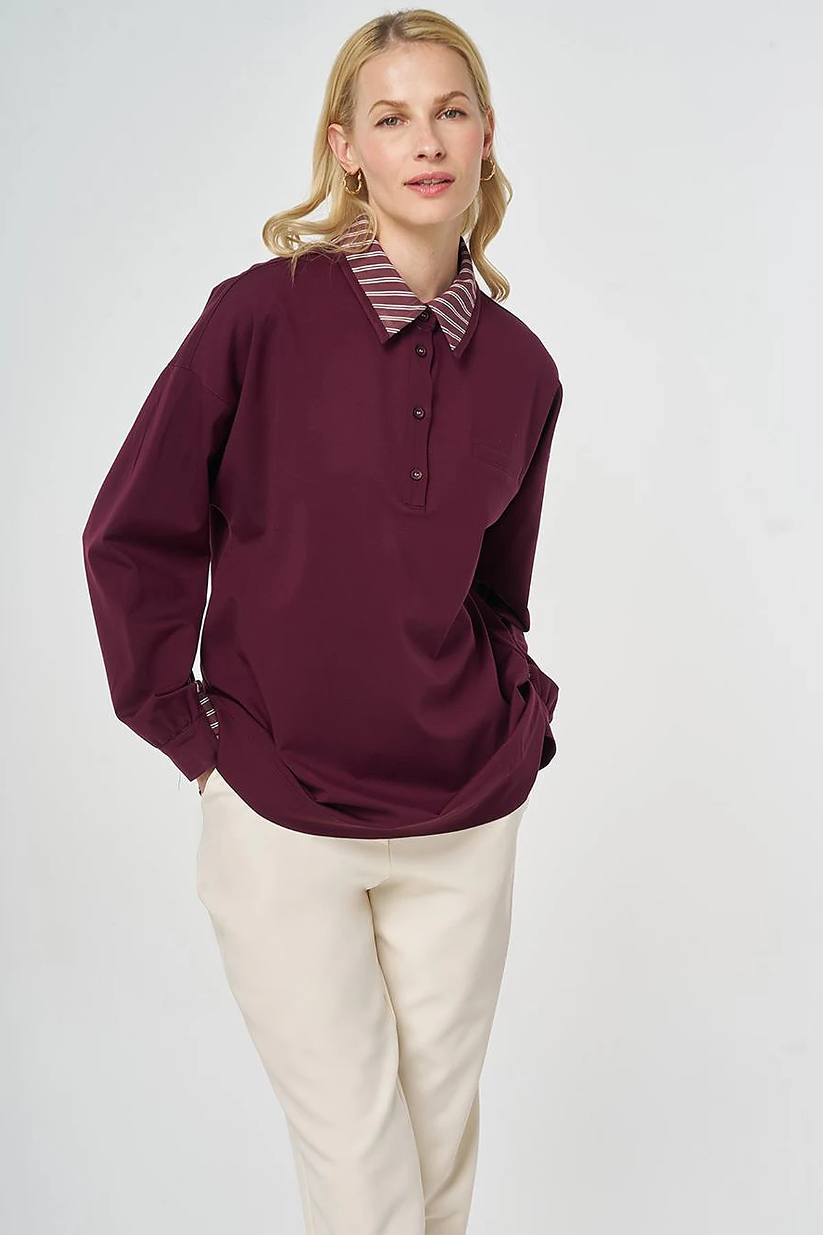 Shirt-Detail Rayon Sweatshirt Dark Burgundy