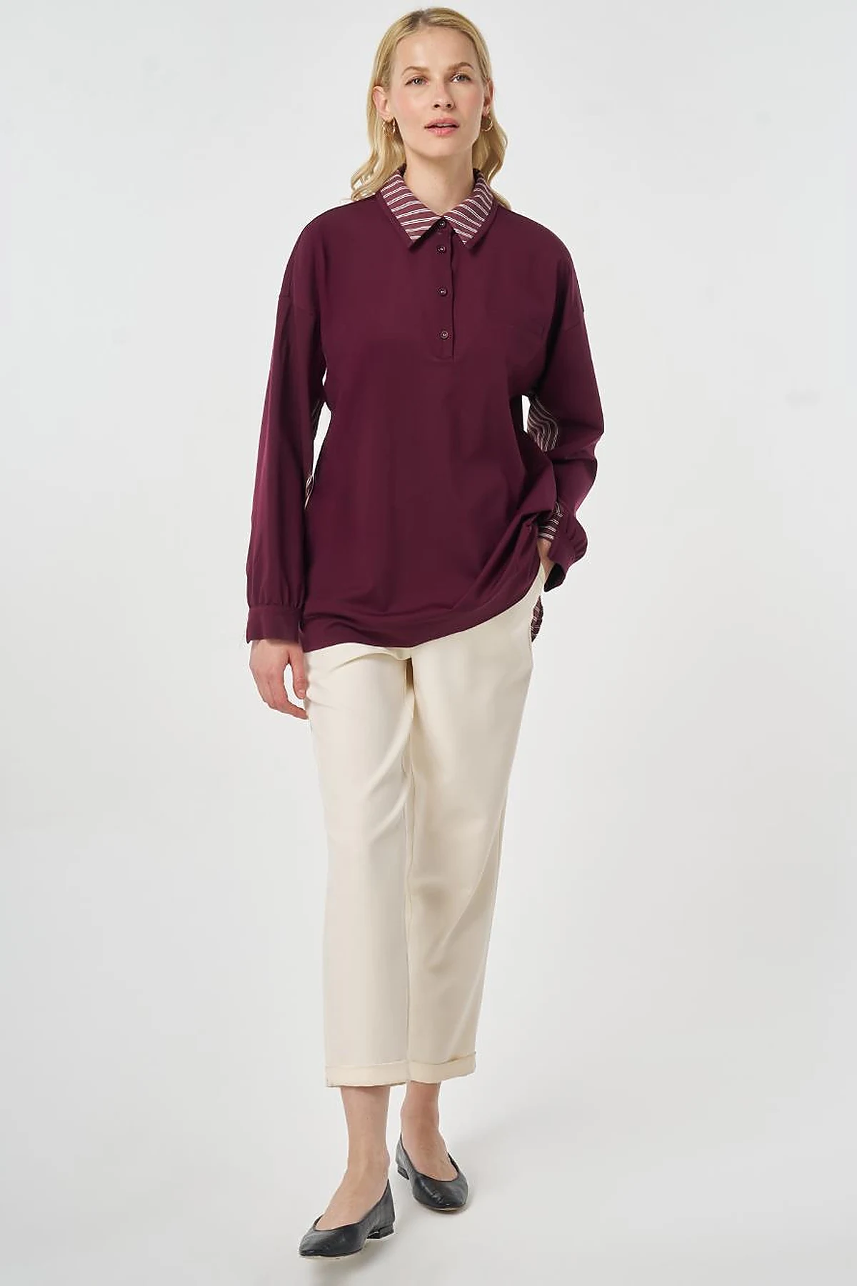 Shirt-Detail Rayon Sweatshirt Dark Burgundy