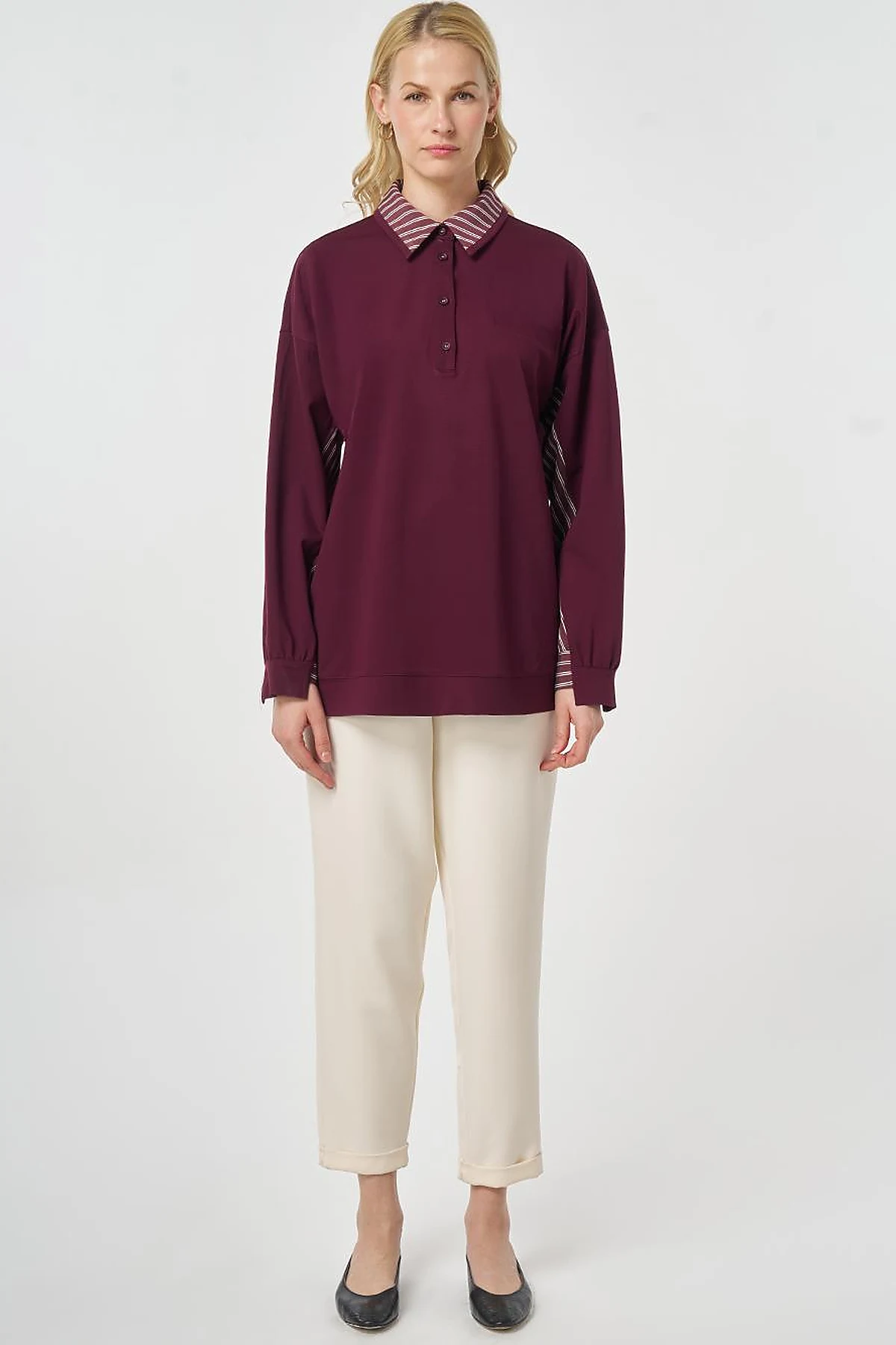 Shirt-Detail Rayon Sweatshirt Dark Burgundy