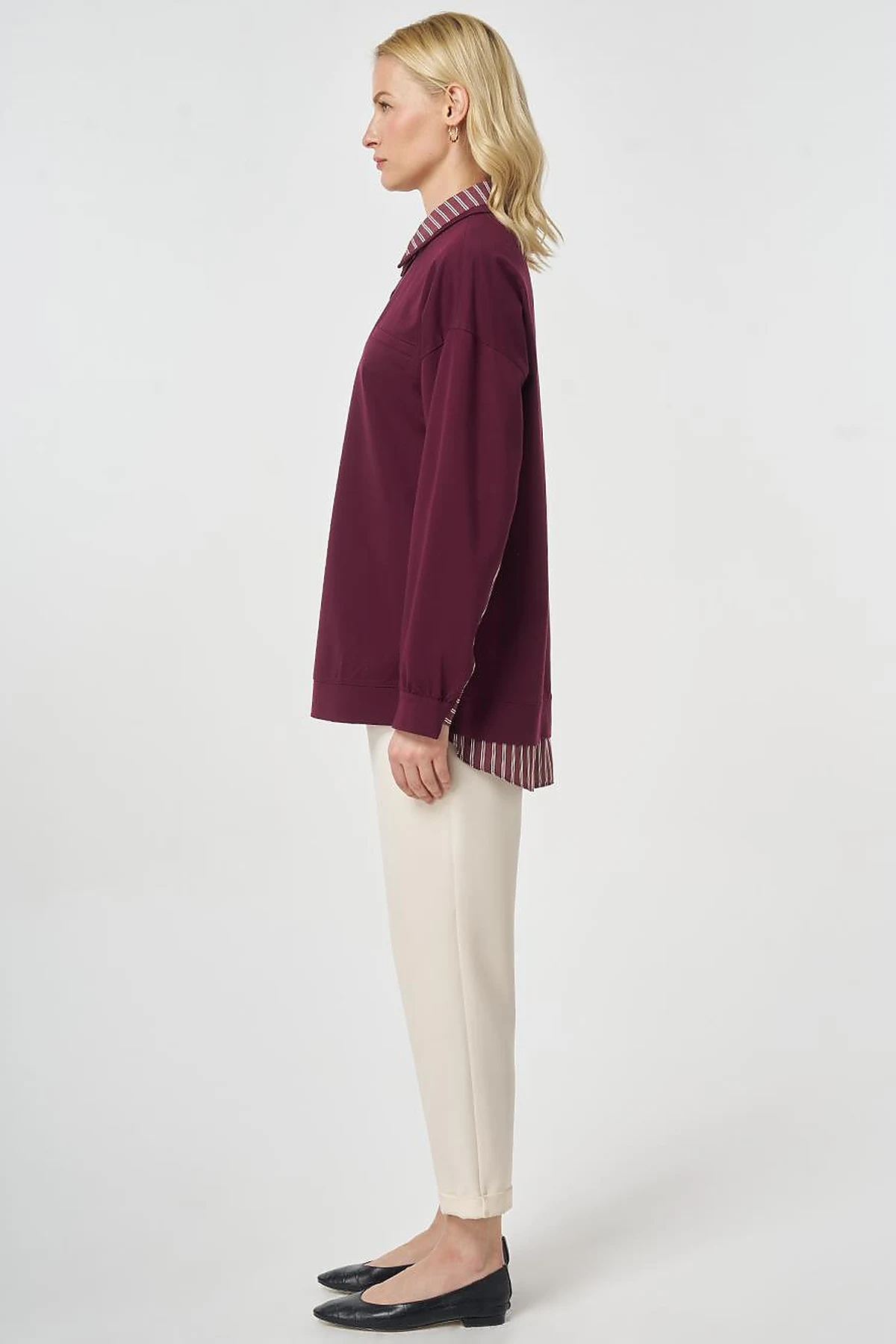 Shirt-Detail Rayon Sweatshirt Dark Burgundy