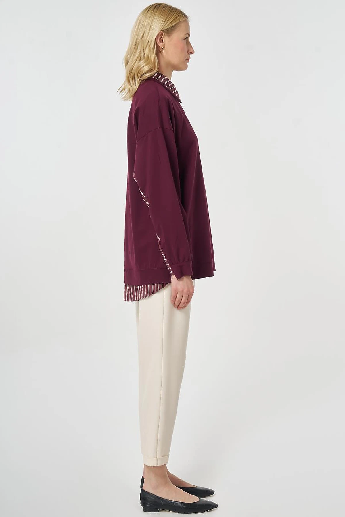 Shirt-Detail Rayon Sweatshirt Dark Burgundy