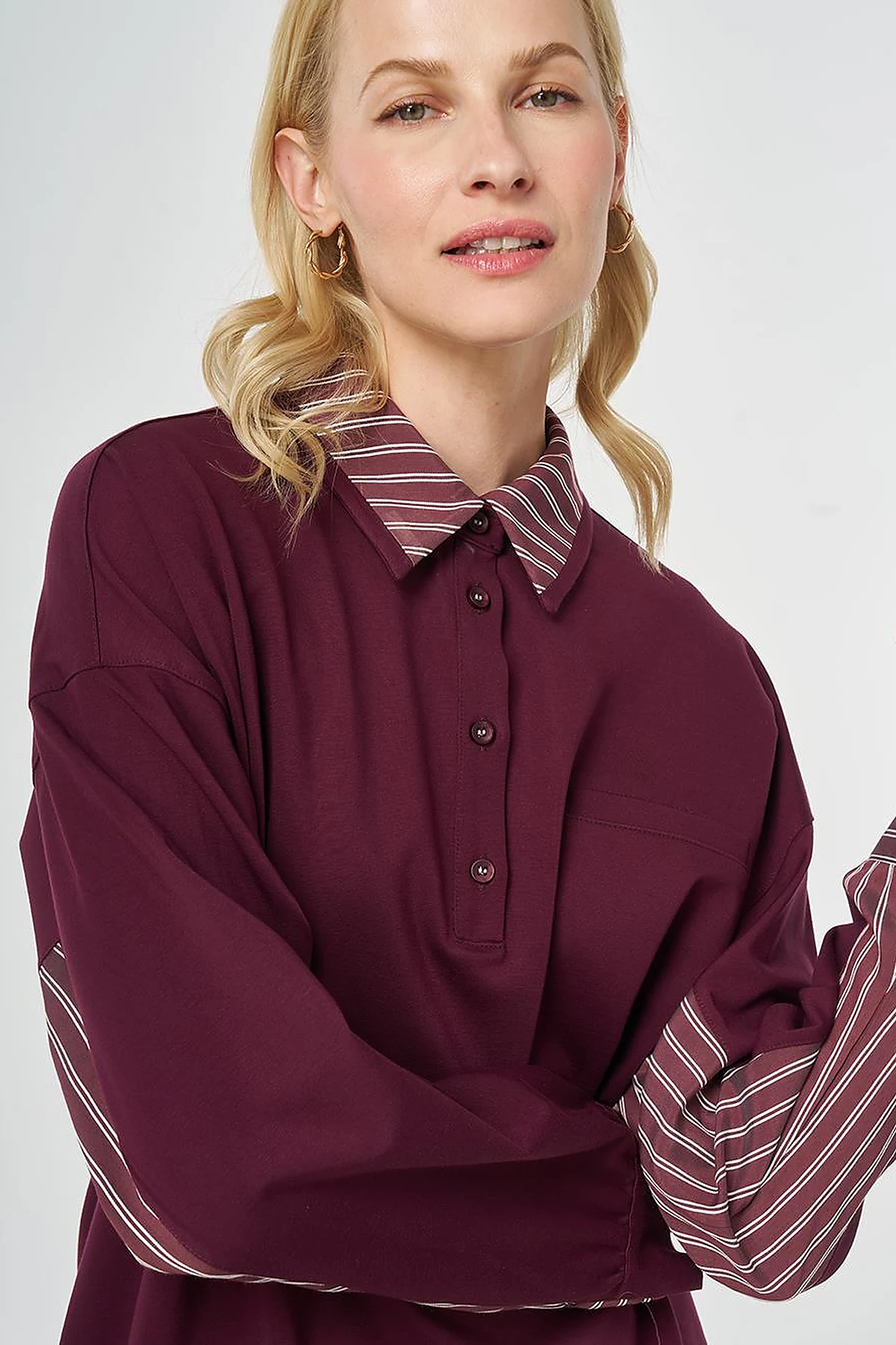 Shirt-Detail Rayon Sweatshirt Dark Burgundy