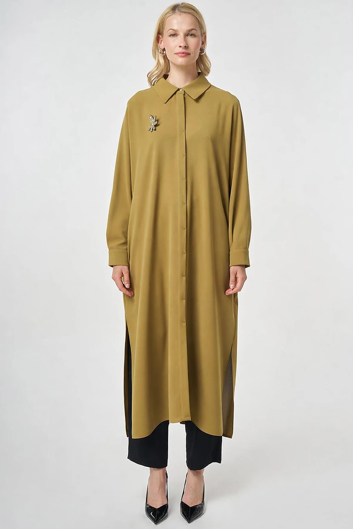 Embroidered Crepe Long Tunic Khaki