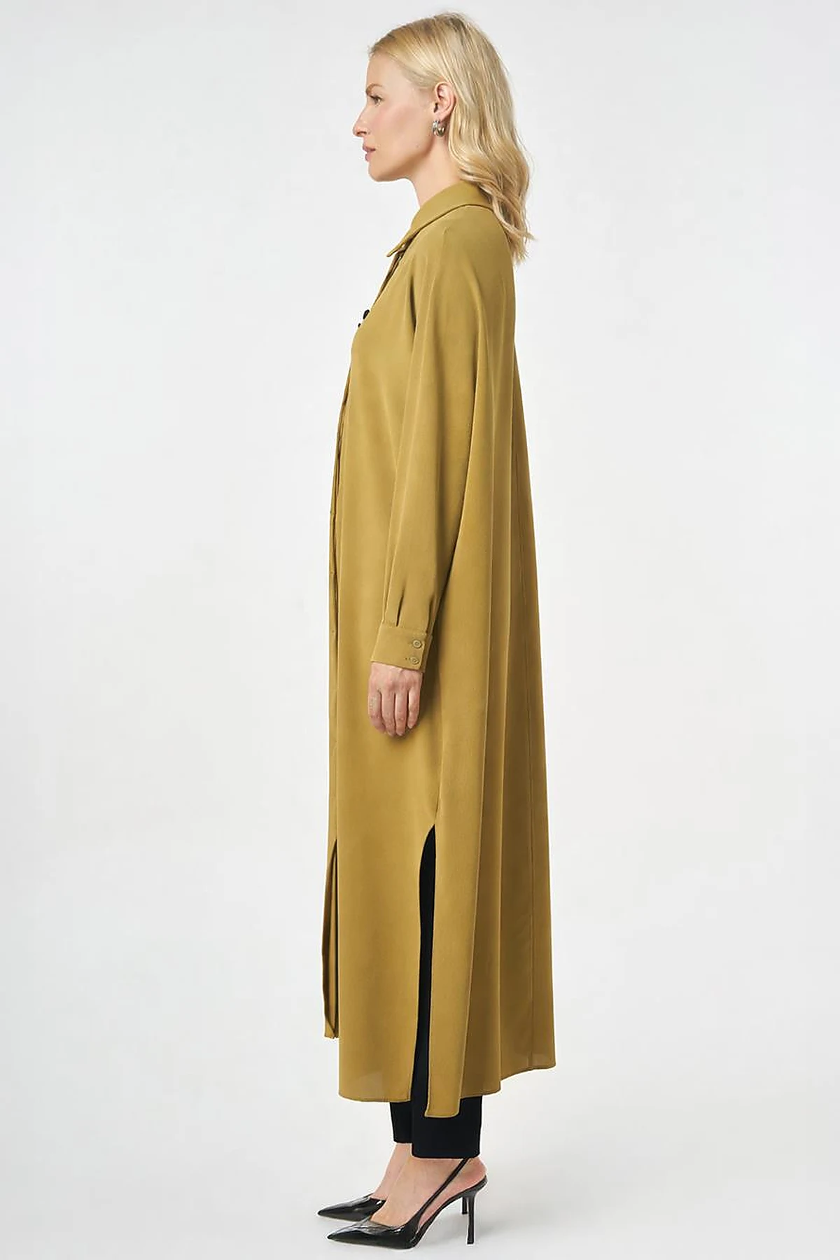 Embroidered Crepe Long Tunic Khaki