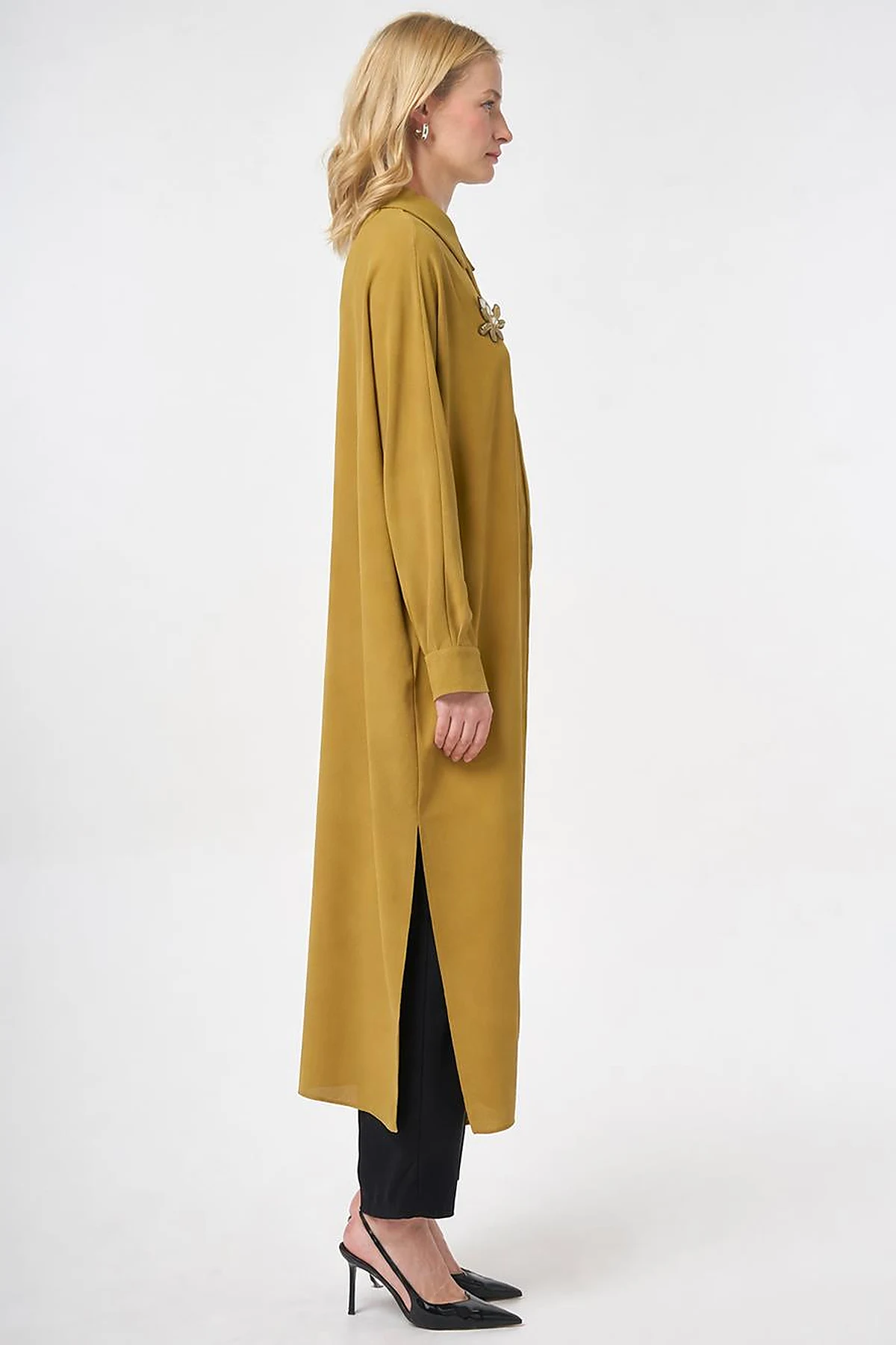 Embroidered Crepe Long Tunic Khaki