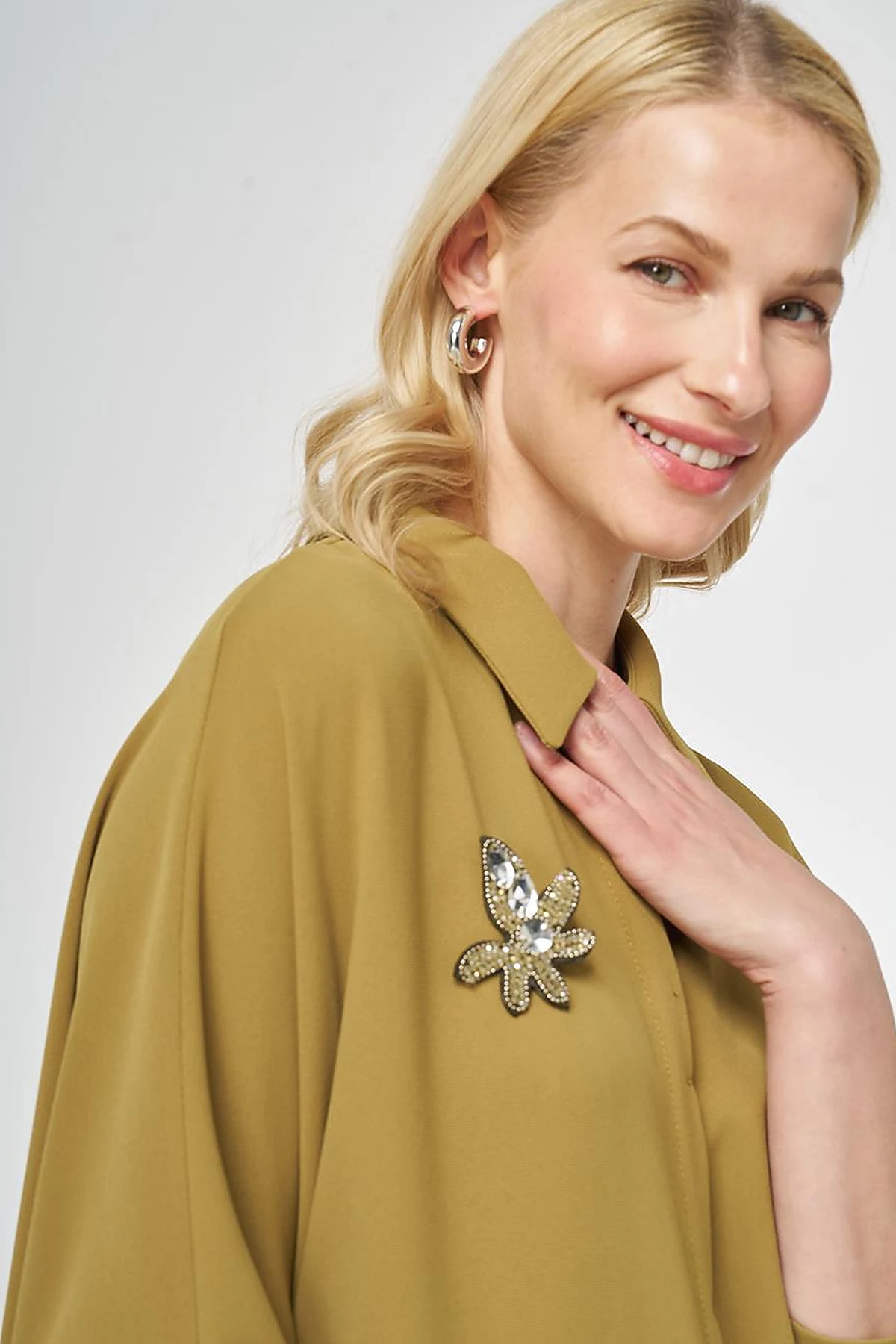 Embroidered Crepe Long Tunic Khaki