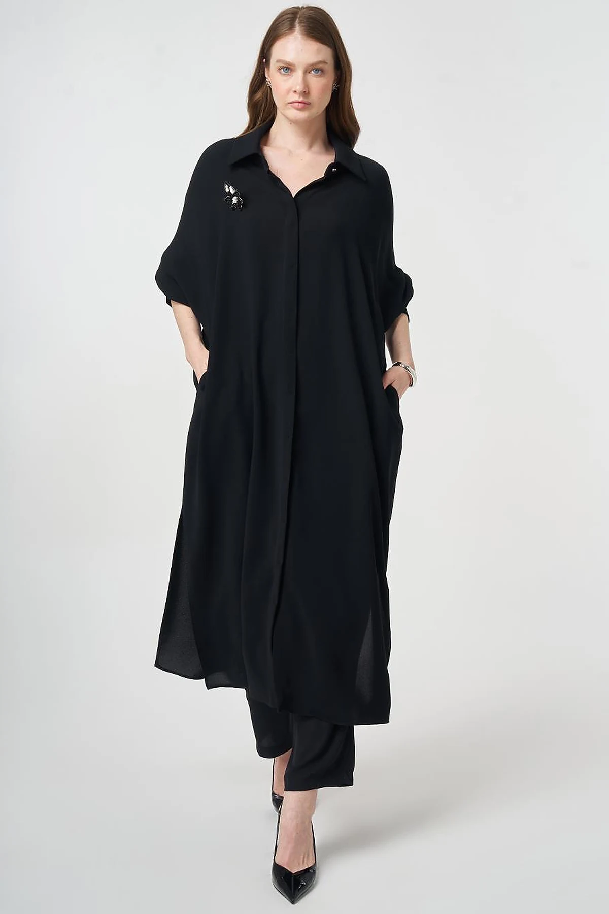 Embroidered Crepe Long Tunic Black