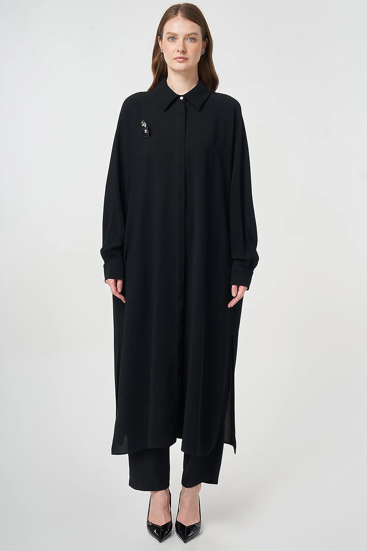 Embroidered Crepe Long Tunic Black