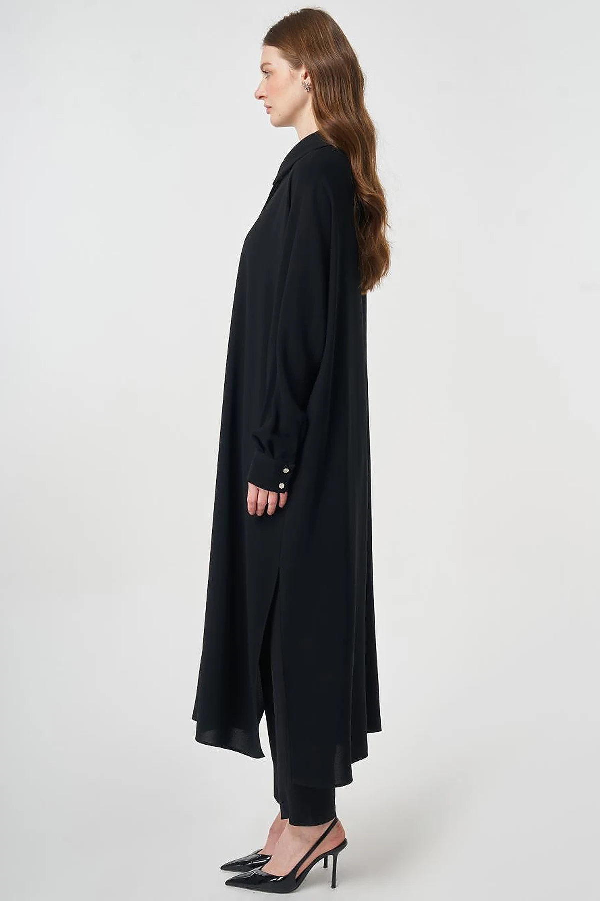 Embroidered Crepe Long Tunic Black