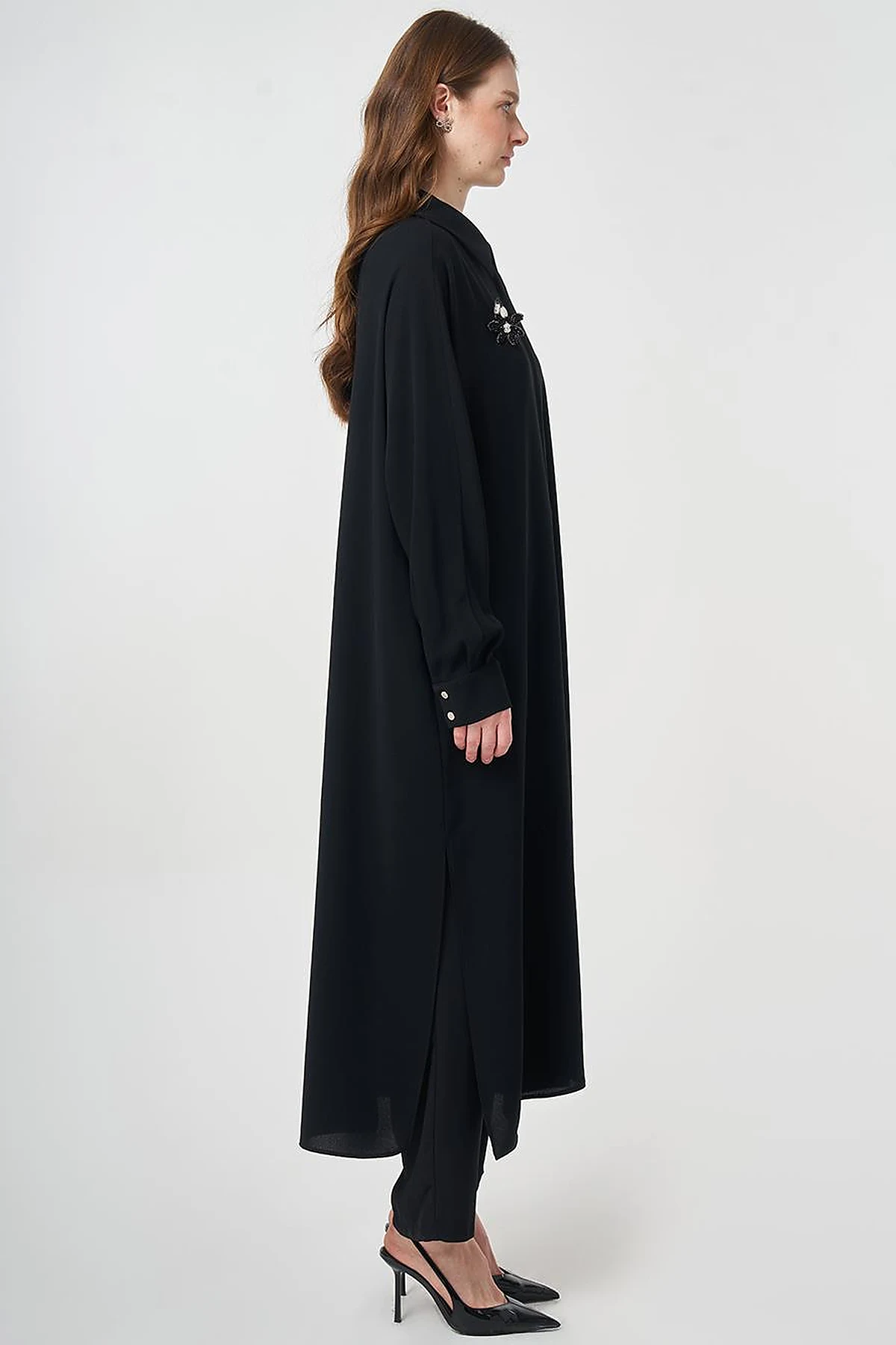 Embroidered Crepe Long Tunic Black