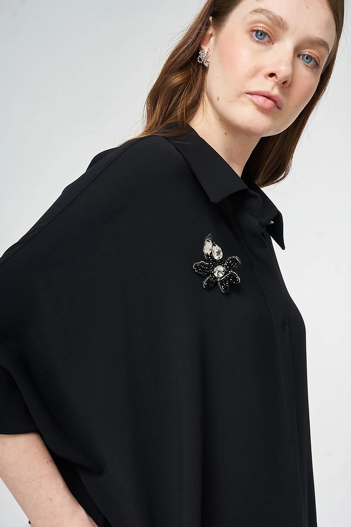 Embroidered Crepe Long Tunic Black